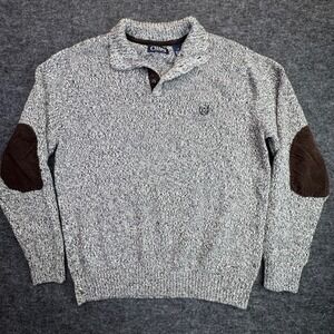Chaps Sweater Mens L Grey Black Twist Marled Mock Neck Corduroy Elbow Patches